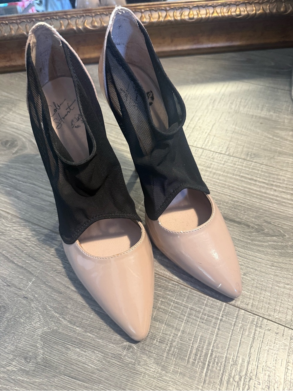Colin Stuart nude Patent Pointed-Toe Heels with Black Mesh instep